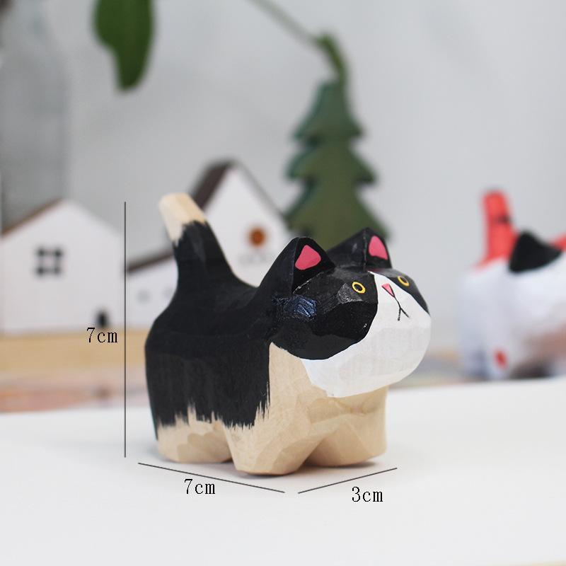 Cute wooden cat figurine, hand-carved, small wooden animal, creative gift, desktop decoration, craft.