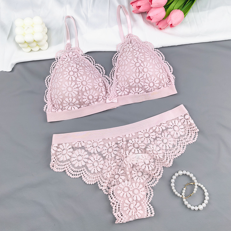 Europa y América encaje sexy copa triangular francesa cinturón hermosa ropa interior de espalda simple ligera sin anillo de acero conjunto de sujetador de pecho