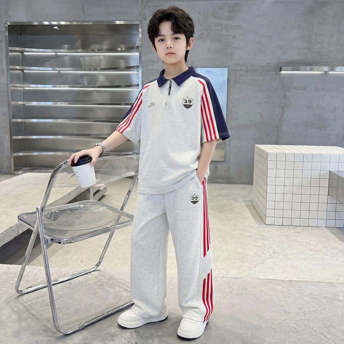 1631#纯棉男童夏装套装2026新款中大童夏季Polo衫短袖长裤两件套