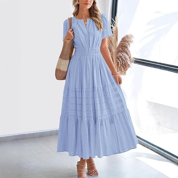 2025 Spring and Summer Cross-Border European and American Export Women's Fashion V Neck Pleated Puff Sleeves Layered Large Hem Dress for Women