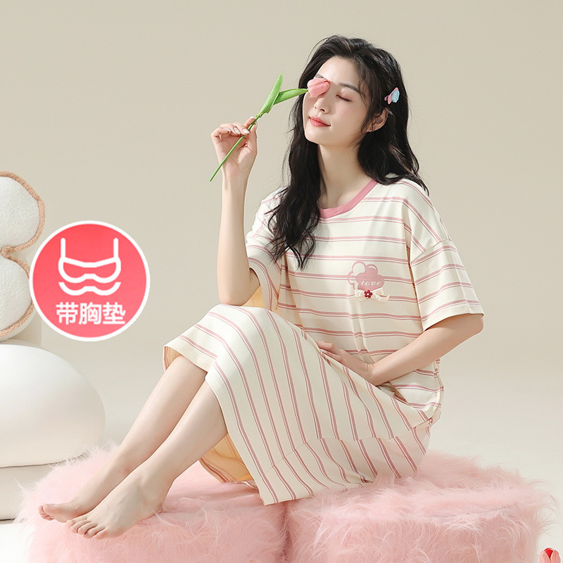 Deer Time Summer Pure Cotton Nightdress Women's plus size Summer Short-sleeved Spring and Autumn Cute Thin Pregnant Women's Pajamas with Chest Pad