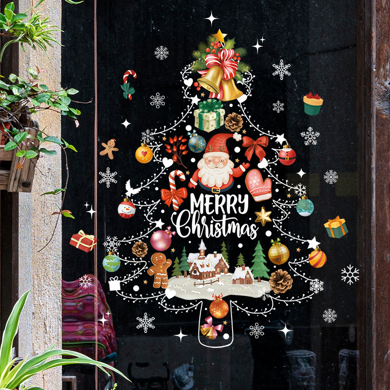 カラフルなクリスマスツリー、白い吊り下げライト、窓用ウォールステッカー、クリスマスツリー、雪の結晶、クッキー、キャンディー、サンタクロースのウォールステッカー、静電窓飾り|undefined