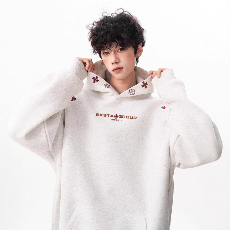 American Design Niche Embroidered Hooded Sweatshirt Men's Autumn and Winter Trendy Heavy Velvet Casual Couple Tops