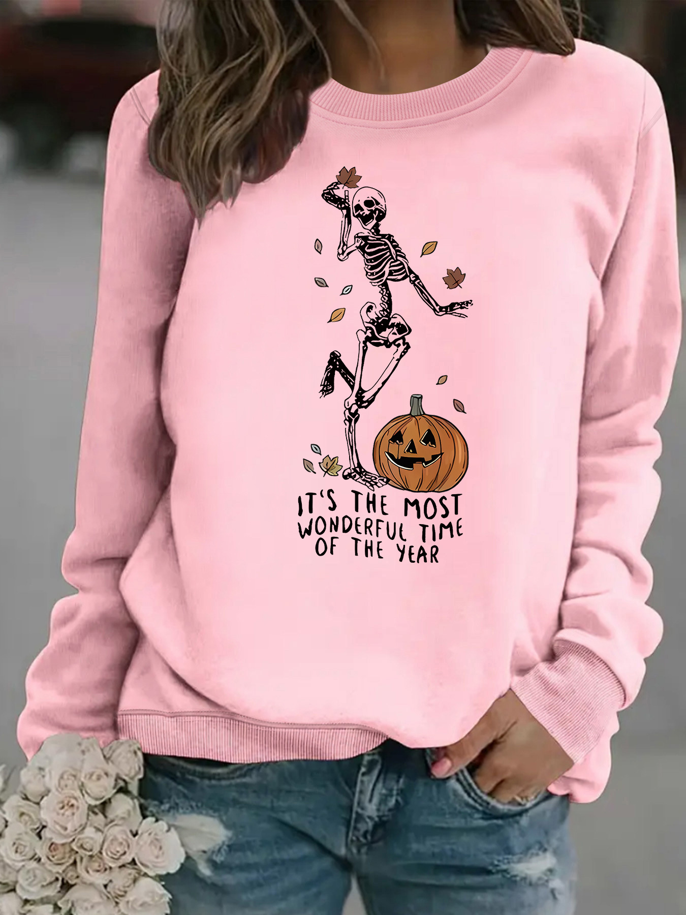 Herren-Sweatshirt mit Kürbis-Totenkopf-Print für Halloween – Gemütlicher Langarm-Pullover mit Rundhalsausschnitt für Damen und Herren (verschiedene Farben und Größen)_voghion.com