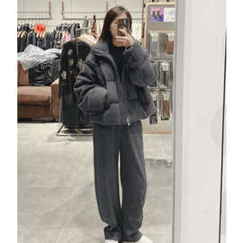 定制复古灰色立领灯芯绒宽松棉服外套女秋冬小个子加厚棉衣棉袄潮