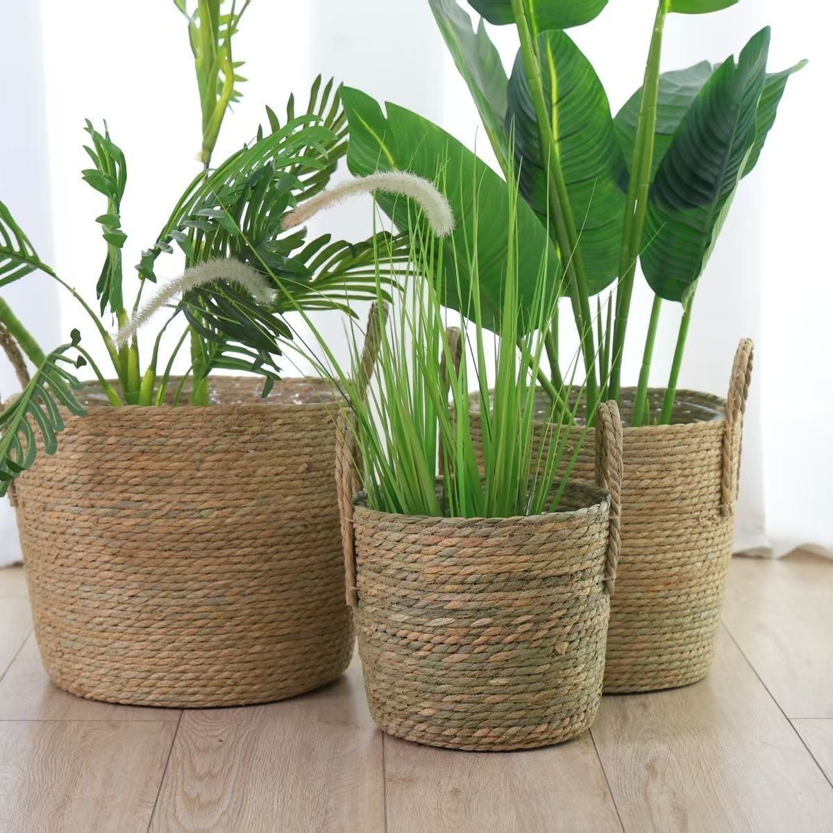 北欧藤编编织花篮家居装饰琴叶花盆摆件草编绿植大套盆落地大花盆