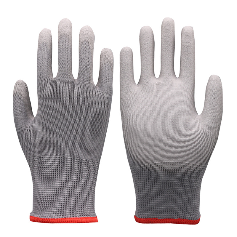 Guantes de seguro laboral Guantes antiestáticos de nailon resistentes al desgaste Guantes antideslizantes de palma recubiertos de pu gris libre de polvo Guantes transpirables al por mayor