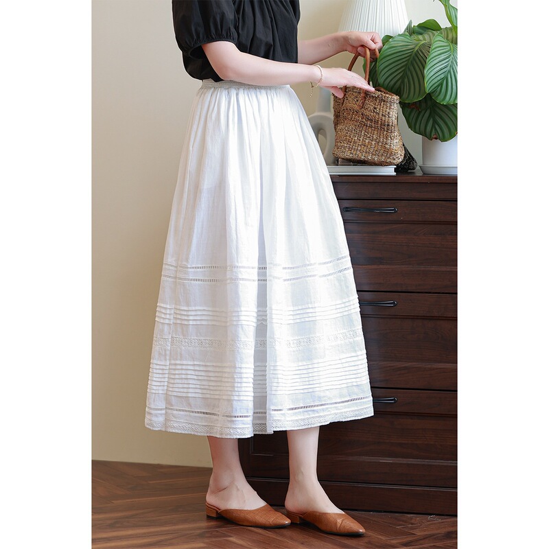 Reject sultry light light high waist hollow embroidery lace white ramie A- line long skirt large swing skirt