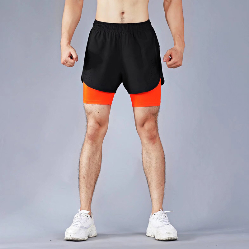 Reflective strip back pocket men's sports shorts fake two-piece elastic band running fitness pants sprint marathon pants