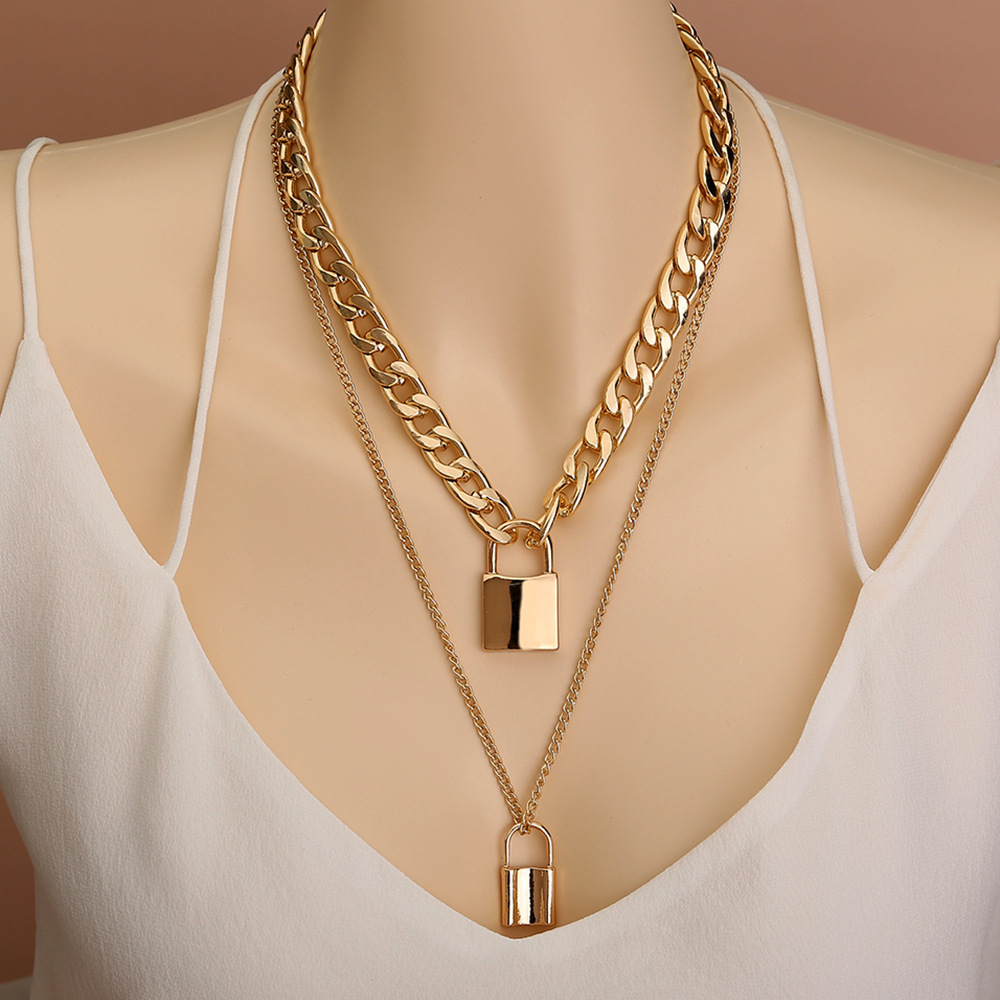 Punk Hip-hop Exaggerated Thick Chain Double Lock Pendant Necklace Sweater Chain display picture 2