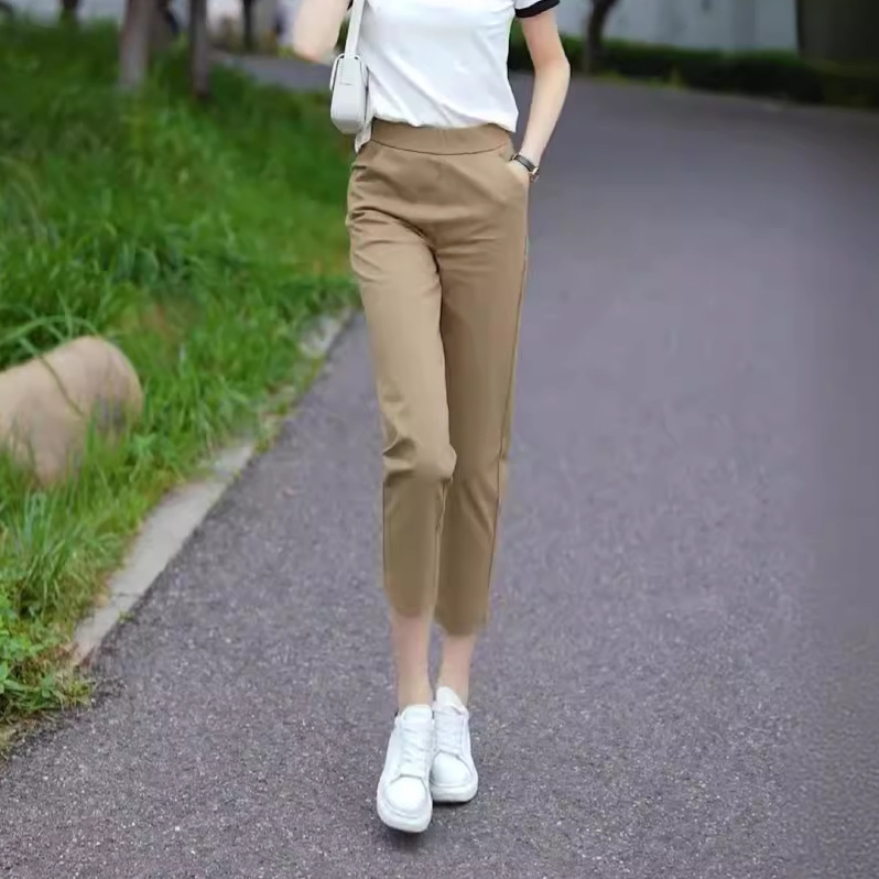 秋季女士直筒褲高腰百搭寬鬆垂感純色顯瘦八分運動休閒褲子小腳褲