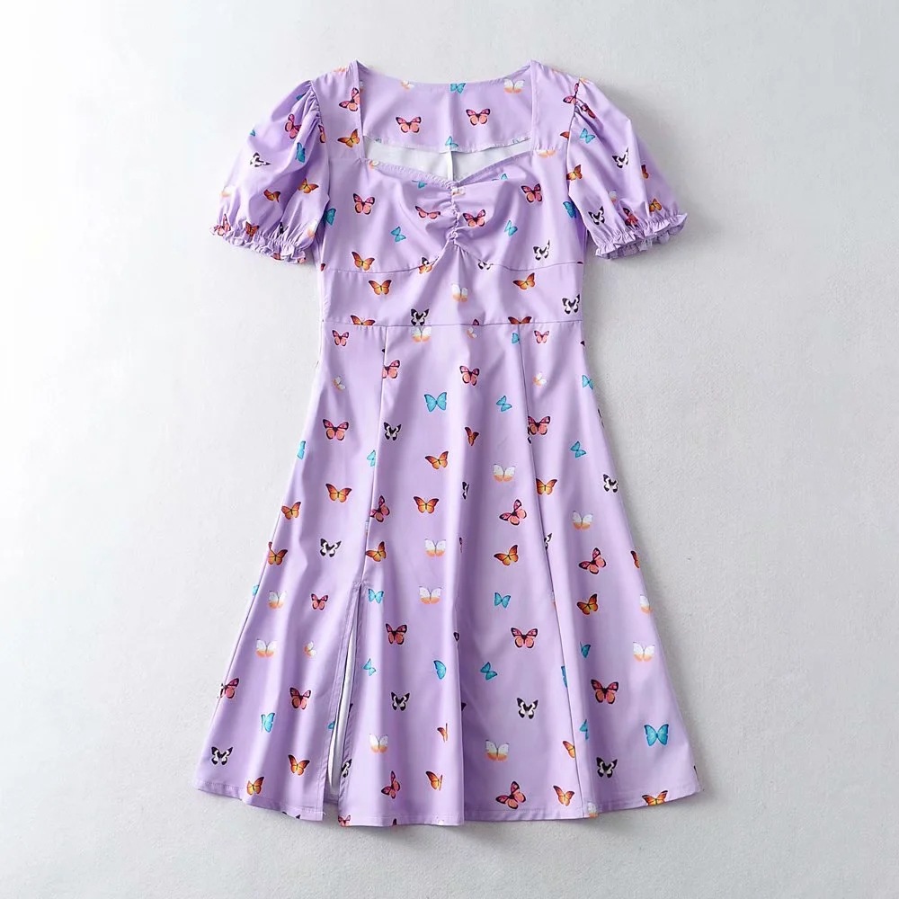 Vestido de manga farol con estampado de mariposa de temperamento NSAC34040