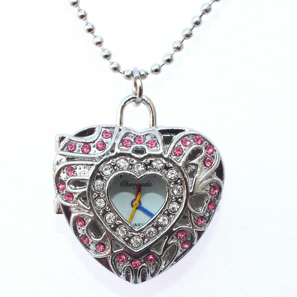 Primary school girls children cute pink diamond hanging watch hollow with Diamond Love Sweater necklace Flip pocket watch spot