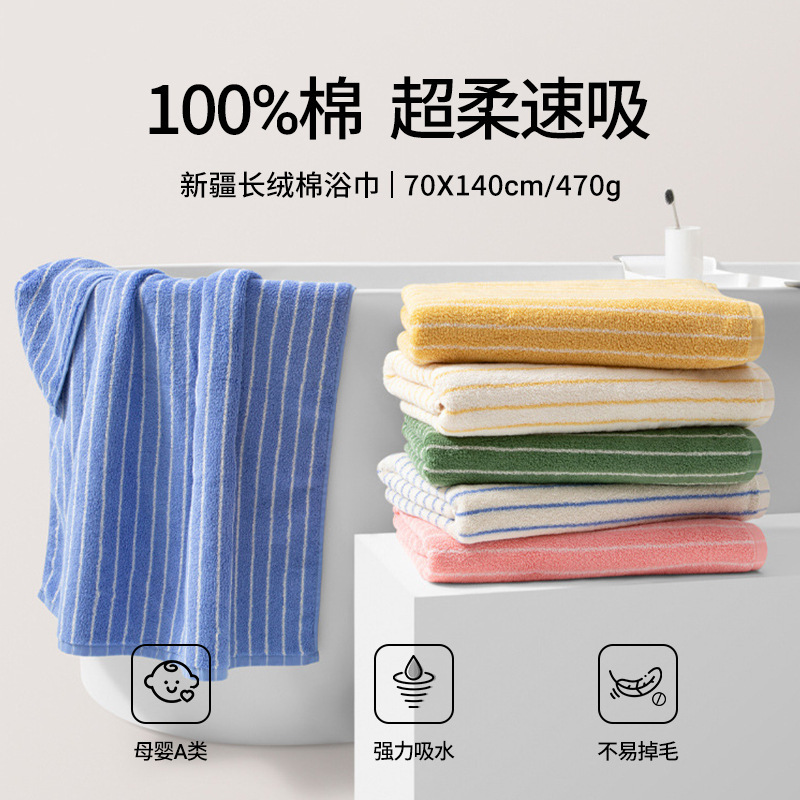 Xinjiang Long-Staple Cotton Fine Stripesd Bath Towel Pure Cotton Household Absorbent Soft Large Bath Towel Class a Enlarged and Thickeneded Bath Towel