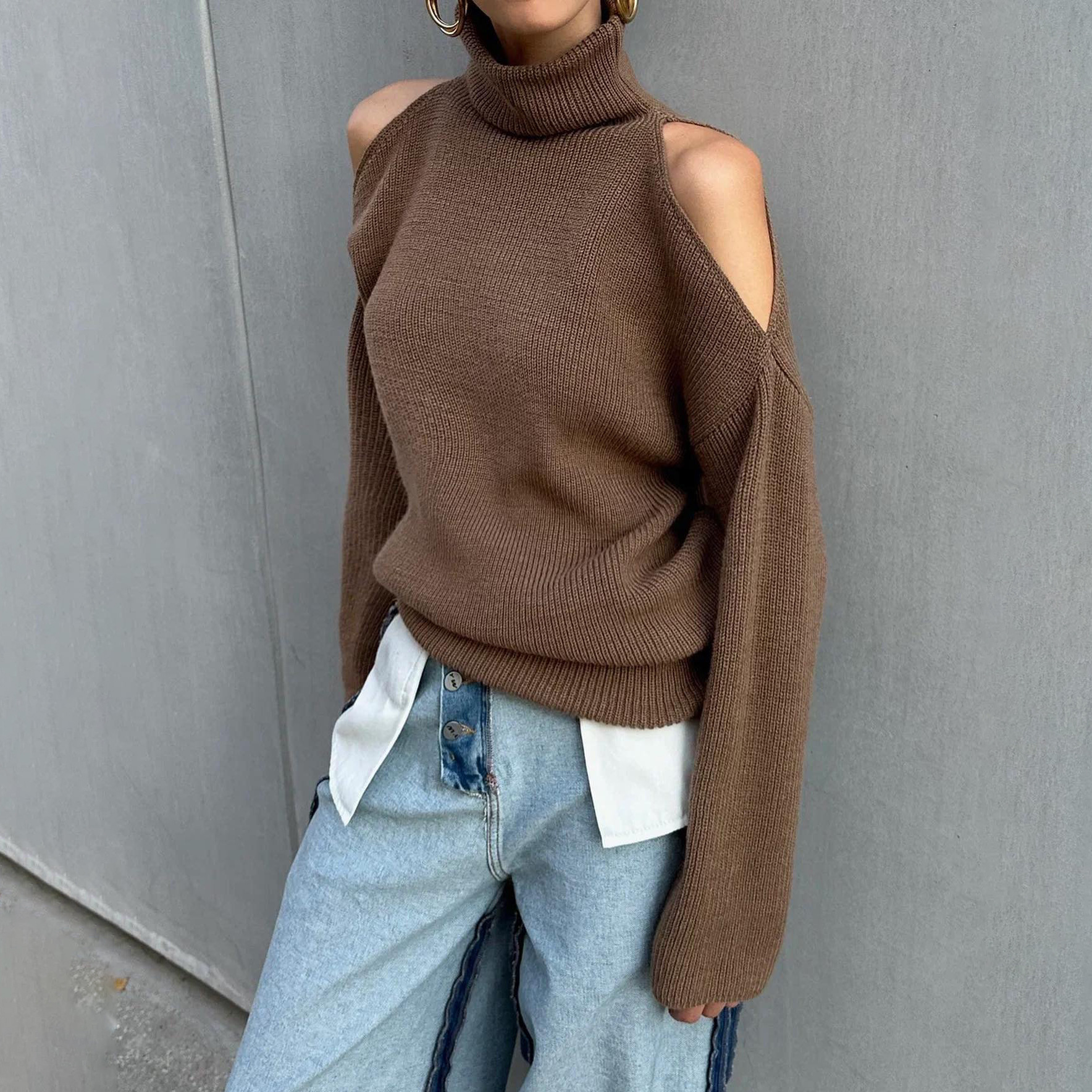 Off-Shoulder High Neck Sweater – Oversized Knit Top With Slouchy Drop Shoulder & Openwork Details (S-L, Brown)_voghion.com