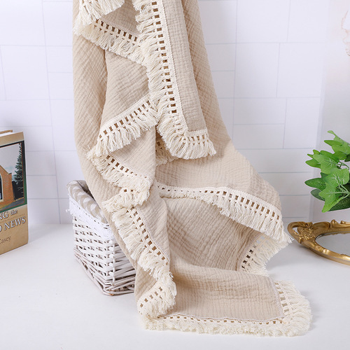 New European and American Children's Blanket, Baby Gauze Double Layer Pure Cotton Bath Wrap, Infant Fringe Blanket