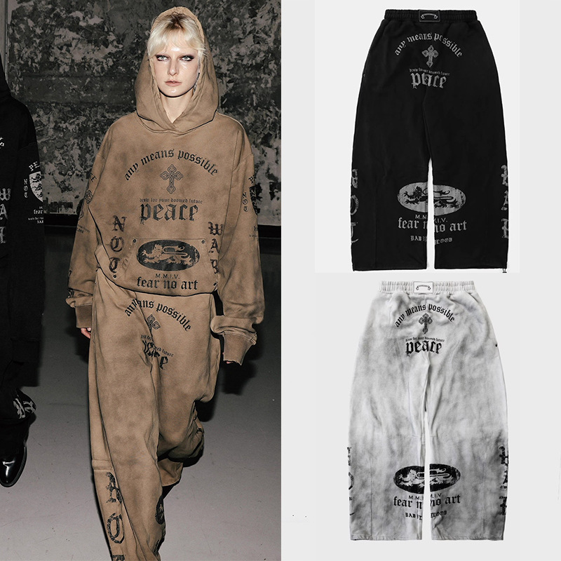 Badblood American Retro Casual Printed Washed Distressed Tie-Dye Wide-Leg Pants for Men and Women Elastic Waist Floor-Length Sweatpants