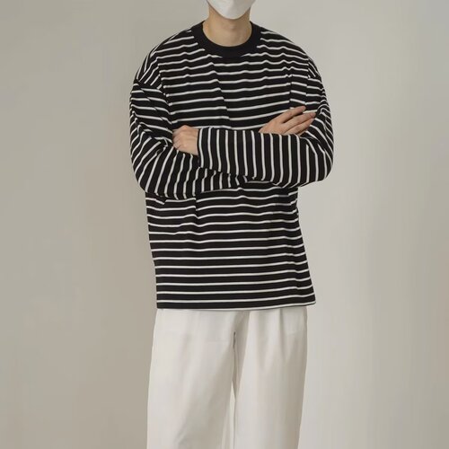 Spring and Autumn New Korean Style Trendy Stylish Retro Striped Print Crew Neck Long Sleeve T-shirt for Men Loose Fit Top