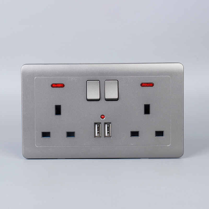 Panel de enchufe de montaje oculto de pared 13A estándar británico doble de cinco orificios gris doble conector USB transfronterizo exclusivo