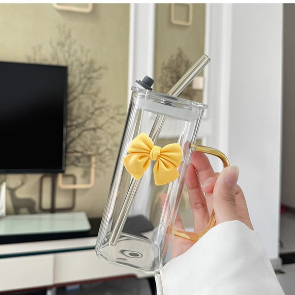 Transparent square coffee glass with glass with bow