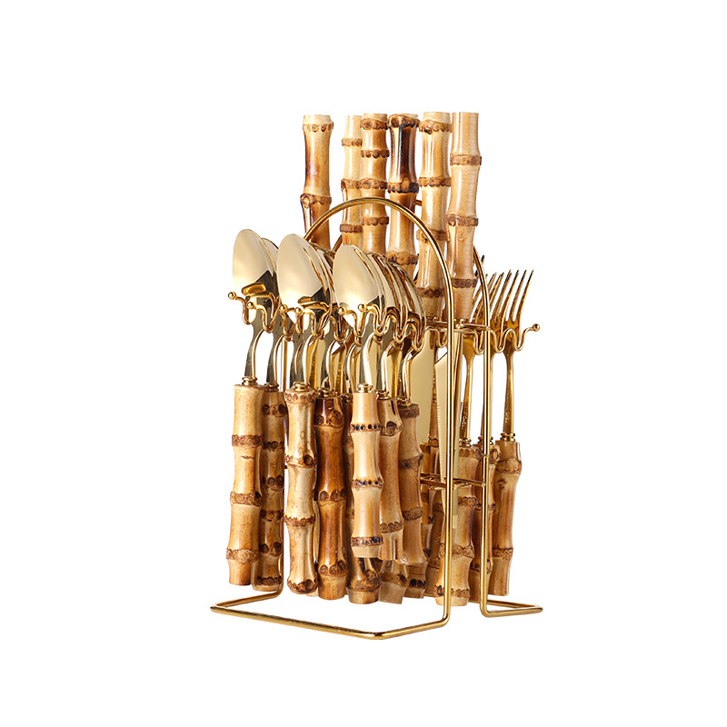 Cruzar la frontera Amazon chapado en oro cuchillo, tenedor y cuchara 24 piezas hogar fiesta banquete vajilla de acero inoxidable regalo traje de madera de bambú