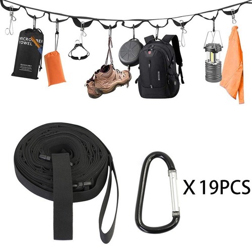 Outdoor Camping Clothesline Campsite Storage Strap Tent Hang Rope for Hiking Backpack 19 Rings with D-Ring 