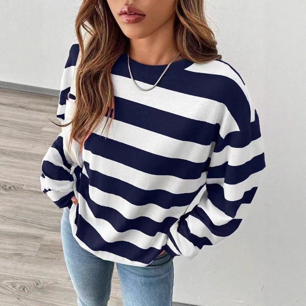 's New Cross-border Loose Striped Long-sleeve T-shirt For Women, Korean Style Versatile Top_ecoleips.com