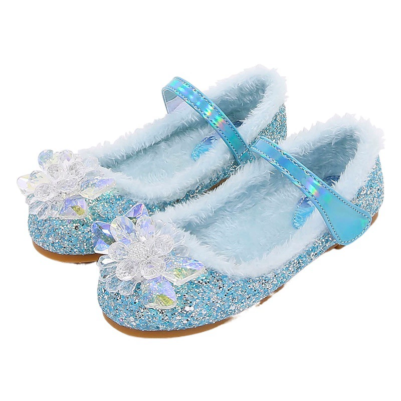 Детская обувь принцессы осенне-зимняя хлопковая обувь для девочек на флисовой подкладке, детская пушистая обувь, обувь с кристаллами Эльзы, кожаная обувь для маленьких девочек