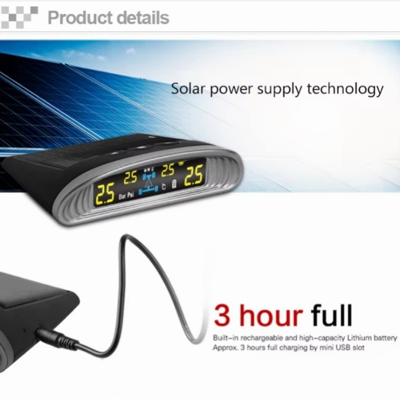 Spy Car Tire Pressure Monitoring System Usb+Solar Charging Lcd Screen Display Tire Pressure Temperature Security Alarm