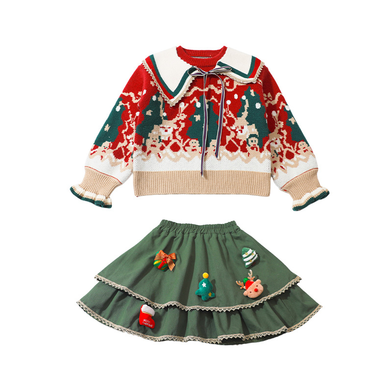 소녀 크리스마스 스웨터 세트 가을과 겨울 2024 새로운 서양 스타일 패션 작은 소녀 달콤한 니트 셔츠