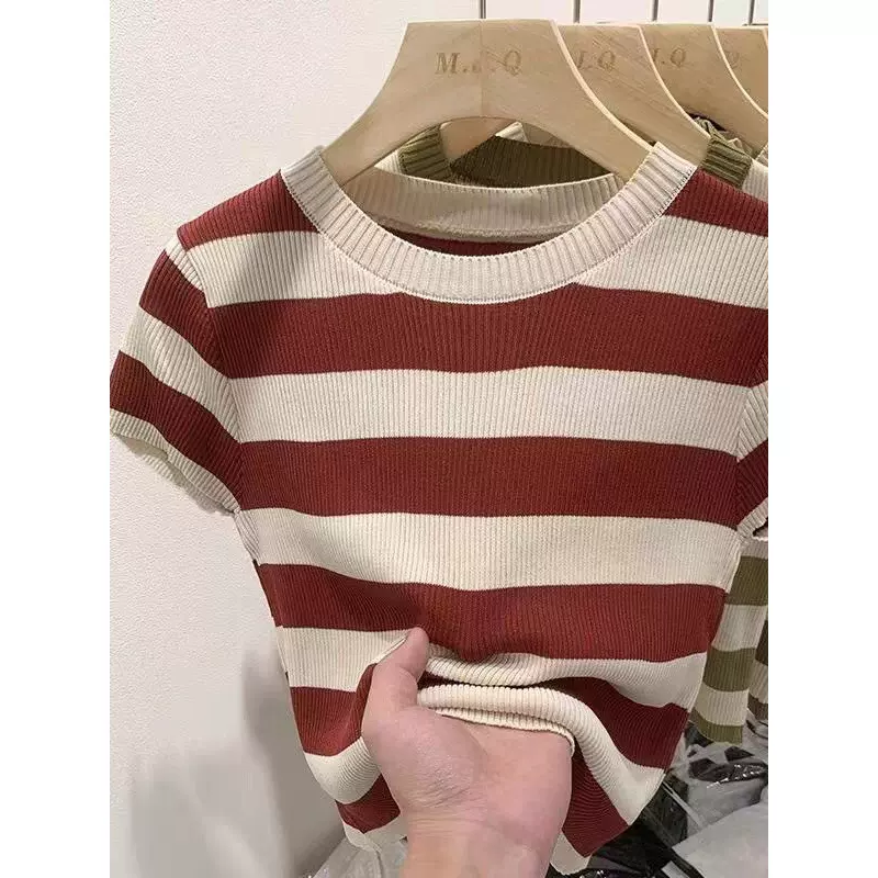 欧货冰丝条纹撞色针织衫女短袖夏季2024新款弹力修身显瘦打底上衣