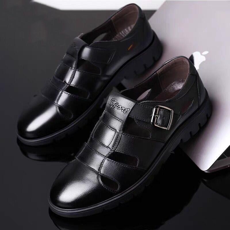 Summer hollow leather sandals for men, daily casual, breathable, soft-soled, soft-surface, middle-aged and elderly business dad shoes