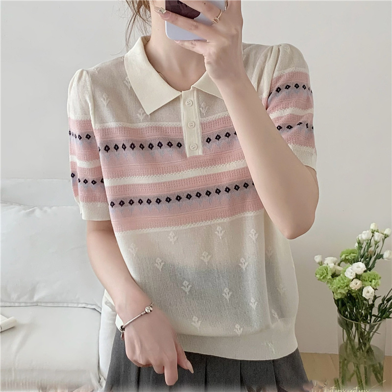 Summer New Polo Collar Ice Silk Short-sleeved T-shirt Women's Fashion Stylish Design Sense Loose Embroidered Knitted Shirt Top