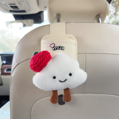 hook bag, front and rear | Car cup holder/beverage holder - off-white-leather-cup-holder-with-hook-and-red-beret-with-white-clouds