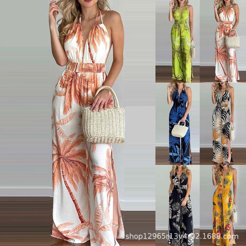 Cross-Border Women's Clothing Independent Site Amazon European and American New Style Digital Print Suspender Wide-Leg Elastic Waist Jumpsuit