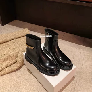 贵 气 靴~侧拉链小金扣链真皮机车马丁短靴女瘦瘦靴