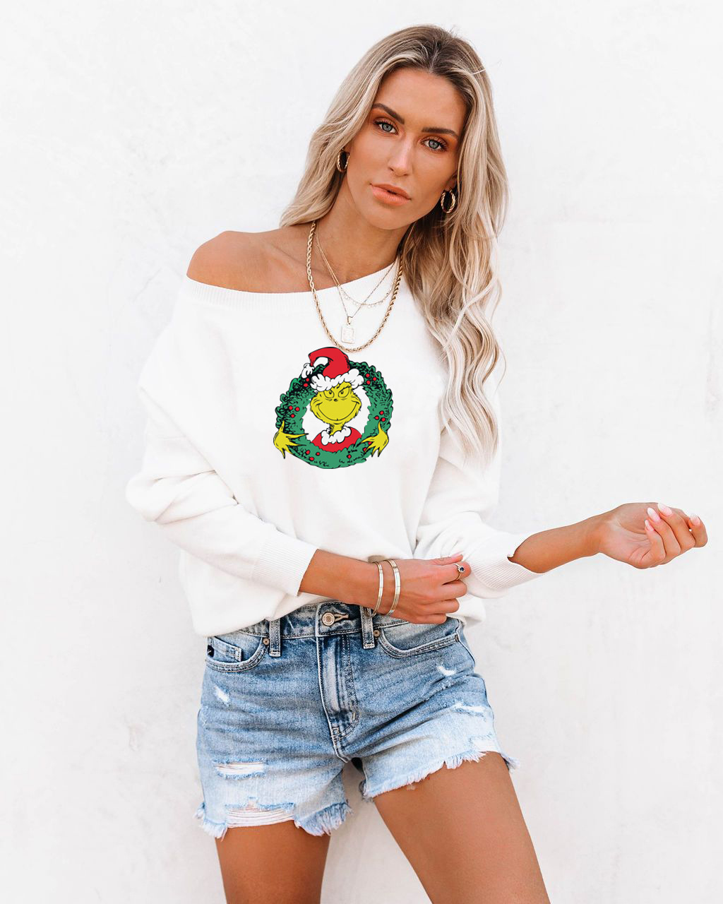 Christmas heat transfer loose round neck pullover long sleeve sweatshirt nihaostyles wholesale Christmas costumes NSMDF81519