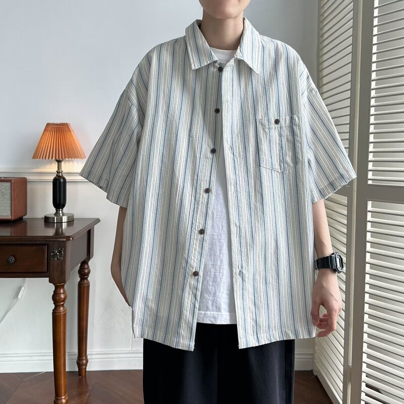 Japanese Striped Shirt Short-sleeved Men's Summer Shirt Design Sense Top Jacket Trendy Brand Trendy Pi Shuai Hong Kong Style Shirt