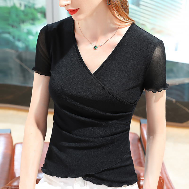 여성을위한 크로스 v 넥 반팔 티셔츠 2025 여름 신작 여성 솔리드 컬러 메쉬 바닥 셔츠 곰팡이 가장자리 허리 탑