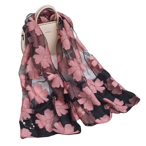 Autumn/Winter Korean Version Georgette Flower Embroidered Scarf Versatile Two-in-One Shawl Scarf Long Scarf Trendy