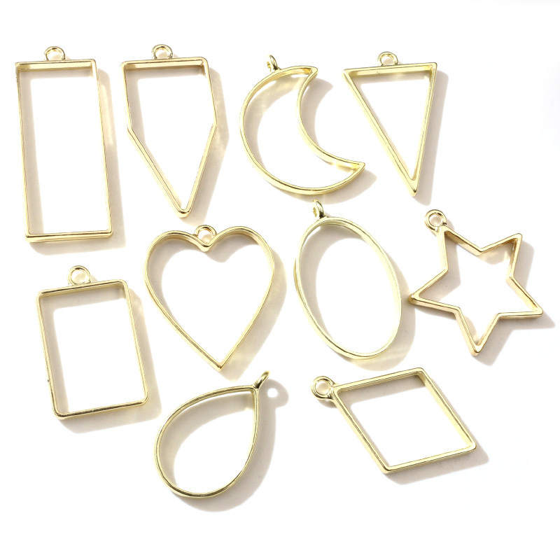 DIY镂空边框饰品配件锌合金爱心水滴几何形滴胶底托耳吊坠浅金色