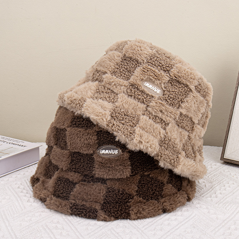 winter new pattern solar system Chessboard grid Rabbit's hair Fisherman hat outdoors Shade net Same item Plush Bucket hats wholesale