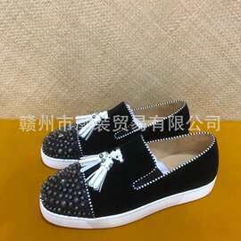 cl andgz男鞋黑色麂皮牛皮流苏方头低帮红底鞋女乐福鞋情侣休闲板