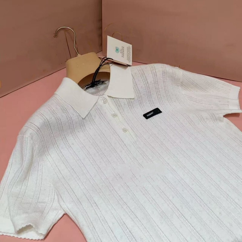 High-End In-Stock Silk and Wool Blend 2025Miu Lettered Polo Collar Short-Sleeve Knit Top Women's T-Shirt