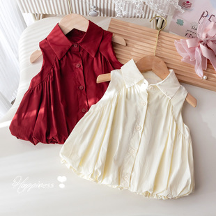 Girls Summer Bud Shirt Korean Solid Color High-grade Sense Doll Shirt Baby 2025 Summer Sleeveless Vest Cotton