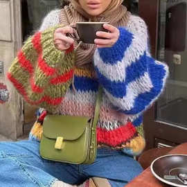 现货爆款2025欧美跨境条纹毛衣女针织衫时尚秋冬圆领宽松彩色撞色