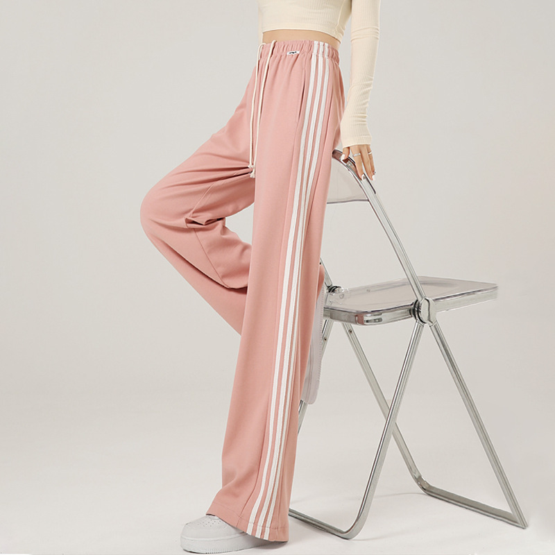 AliExpress loose straight casual wide-leg pants for female students summer thin side striped high waist drawstring mop pants