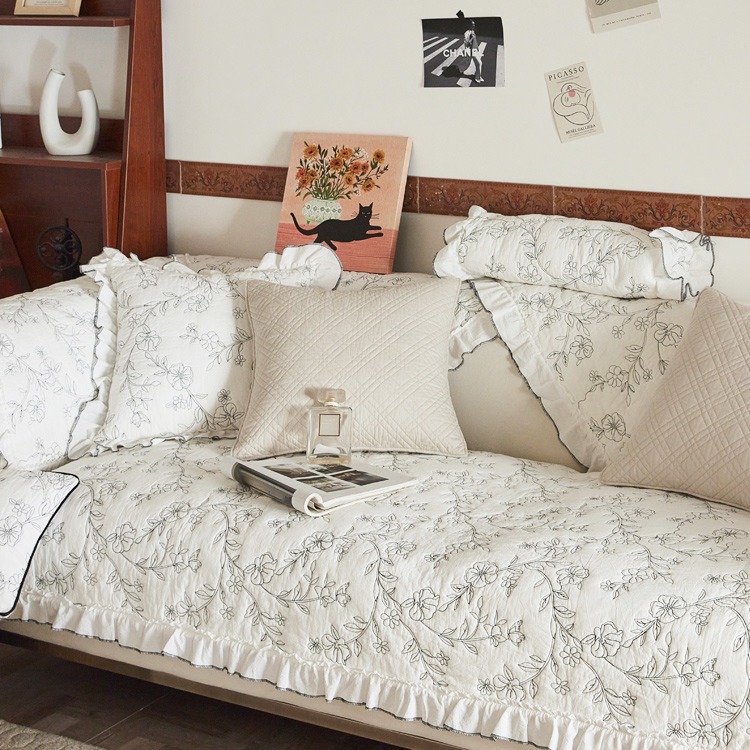 2024新款法式沙发垫套刺绣防滑坐垫子四季通用全棉罩巾盖文艺复古