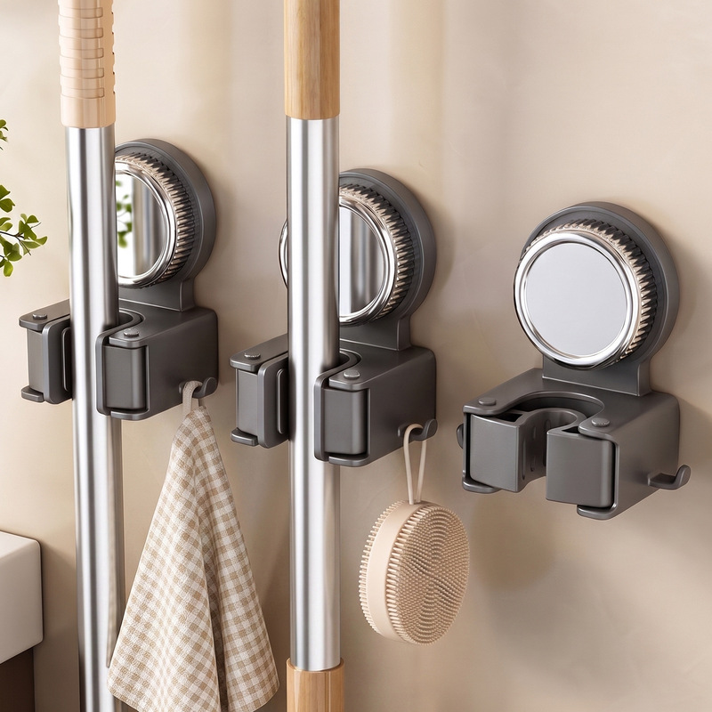 Mop wall-mounted clip with suction cup, no-drill hook rack for bathroom, wall-mounted broom and mop storage shelf Mop wall-mounted clip with suction cup, no-drill hook rack for bathroom, wall-mounted broom and mop storage shelf