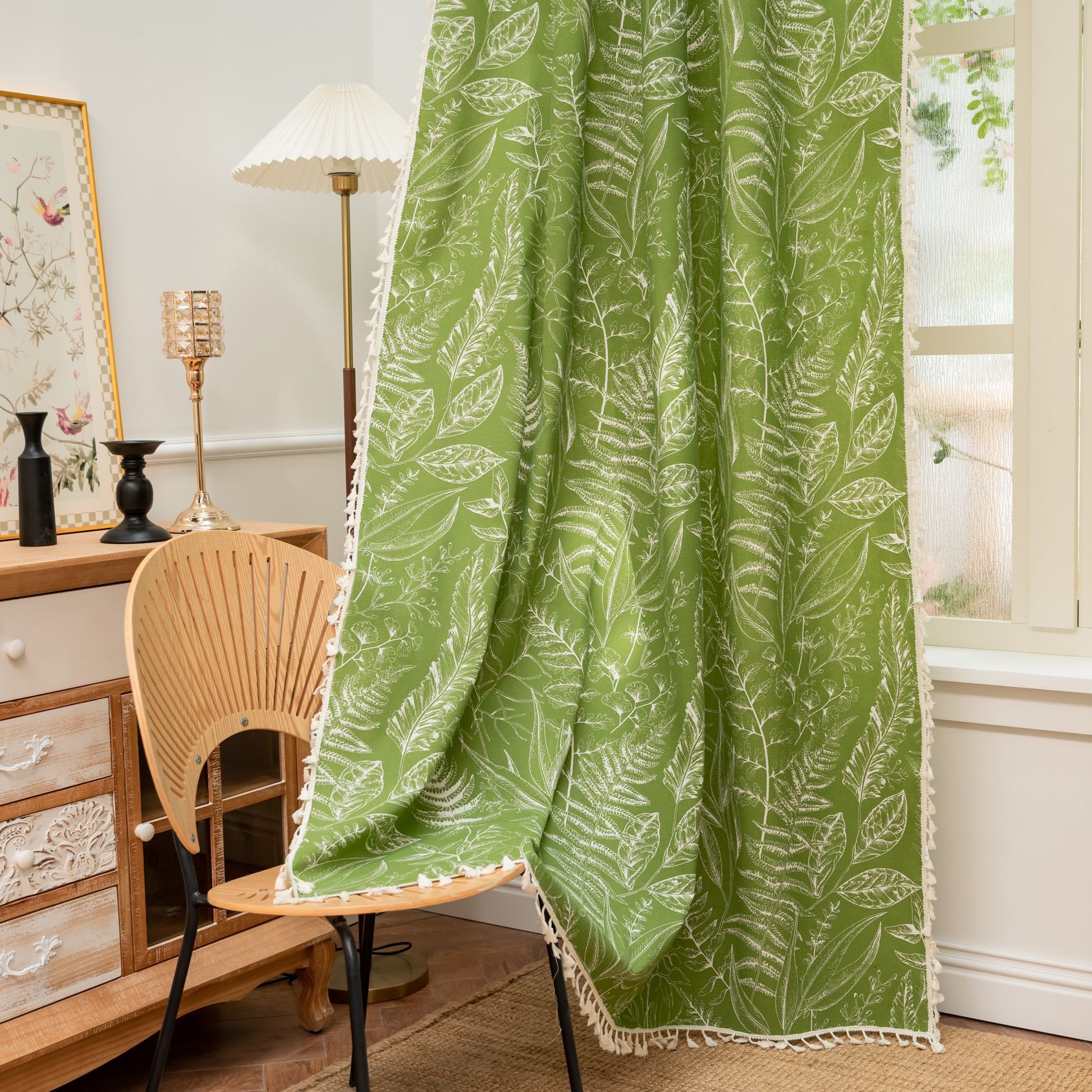 American Retro Jungle Green Leaf Print Semi-Blackout Bay Window Curtain Living Room Bedroom Balcony Decorative Partition Curtain